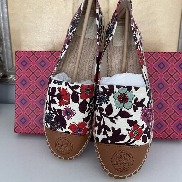 Tory Burch Color Block Flat Espadrilles Printed Canvas Nappa Leather Size 6.5 - Picture 2 of 7
